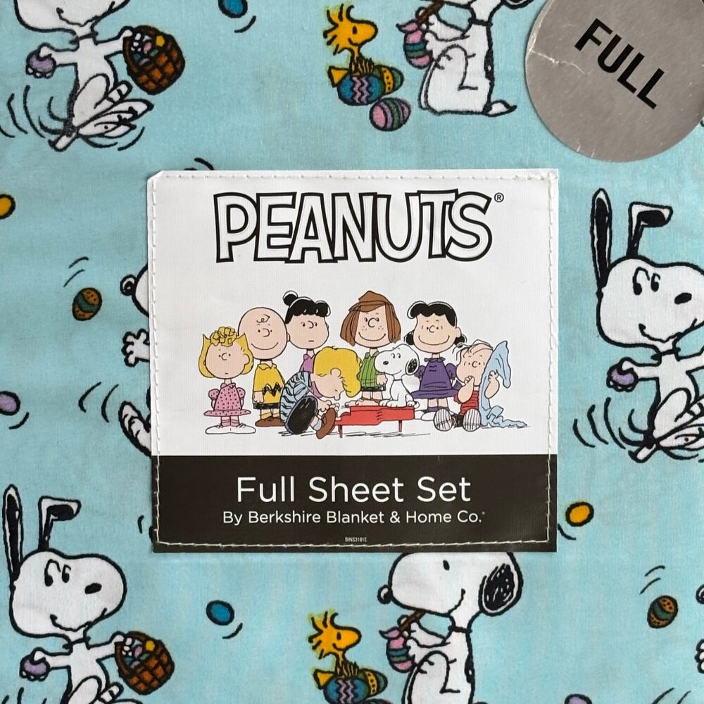 Peanuts Snoopy Full Size Sheet Set - Blue Easter Basket Eggs Woodstock